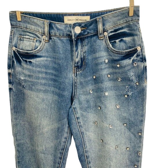 Ashley Mason Juniors Embellished Jeans High Rise Relaxed Frayed Hem Gems Size 1 - Picture 4 of 11